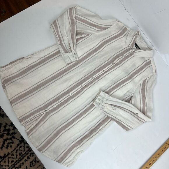 Jones New York 100% Linen White Striped Long Sleeve Tunic Button Down Up Women’s - Picture 6 of 16